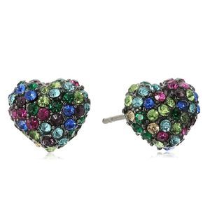 Betsey Johnson Hematite Pave Mixed Multi Color Crystal Heart Stud Post Earrings